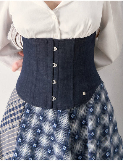 [TMMG] Retro Sweetheart Collar Shirt & Denim Corset Waist Belt Asymmetric Plaid Skirt Set