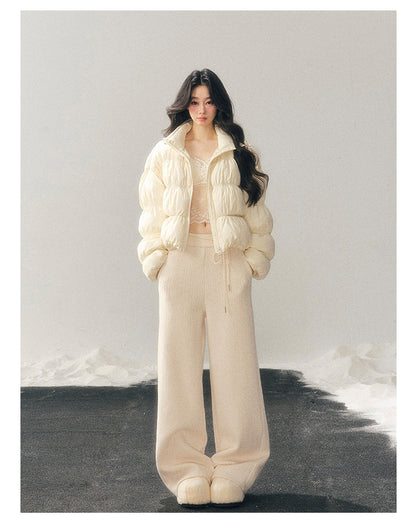 181225 “She Gazes at the Snow” White Duck Down Cropped Jacket - Milky Apricot White