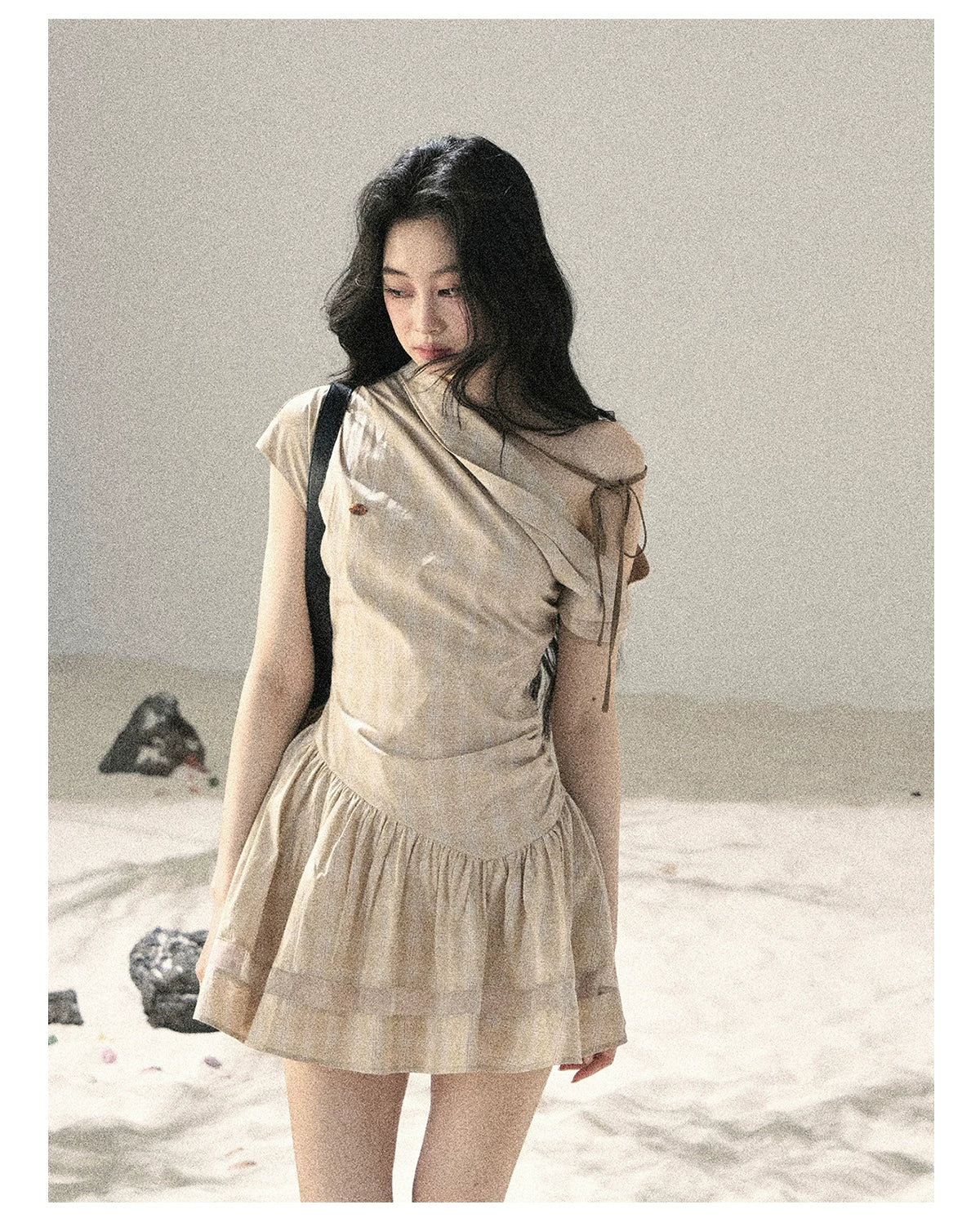 "Traces Left by the Wind" Sand Beige Off-Shoulder Plaid Puff Mini Dress