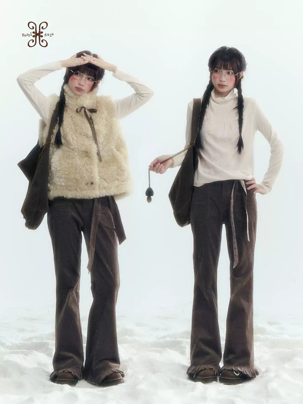 Horridale - Milk Tea Brown Floral Belt Corduroy Flare Pants