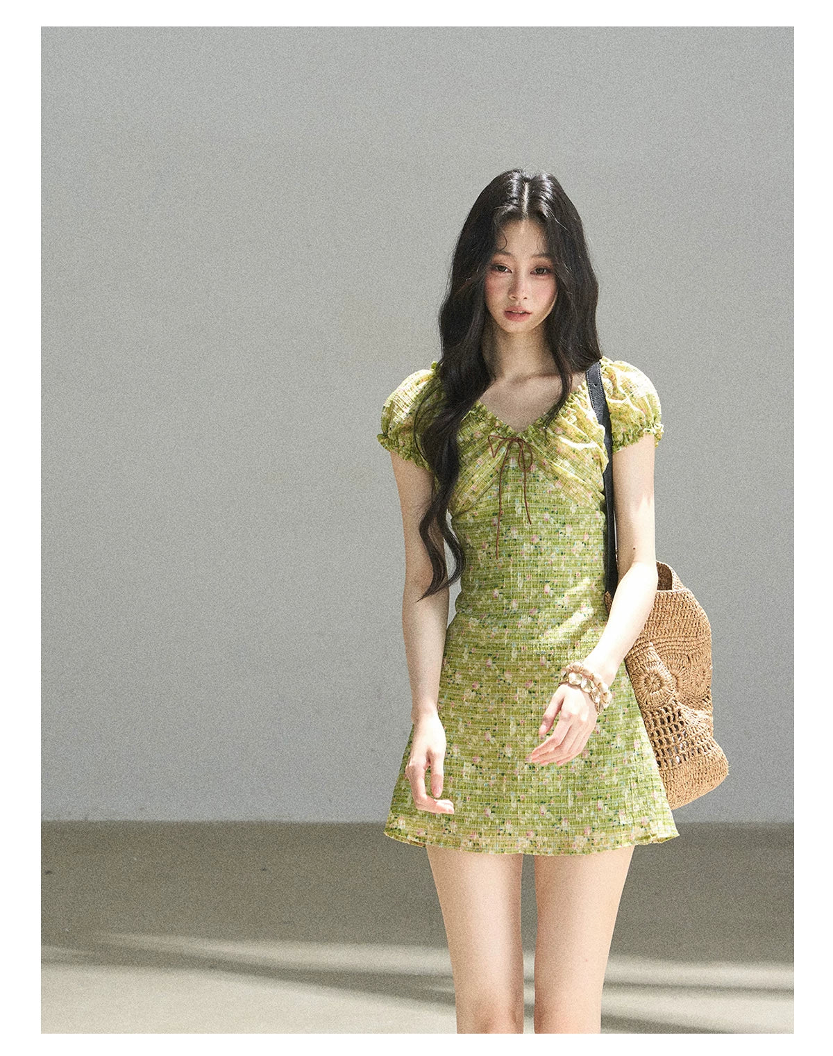 "Breath of the Forest" Misty Sage Embroidered Chiffon Mini Dress