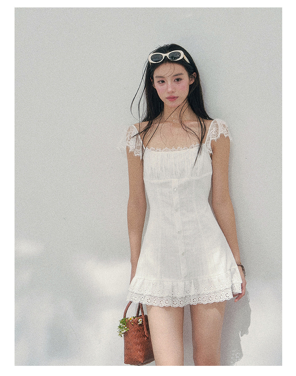“Summer Tide Reverie” Lace Trim Puff Mini Dress