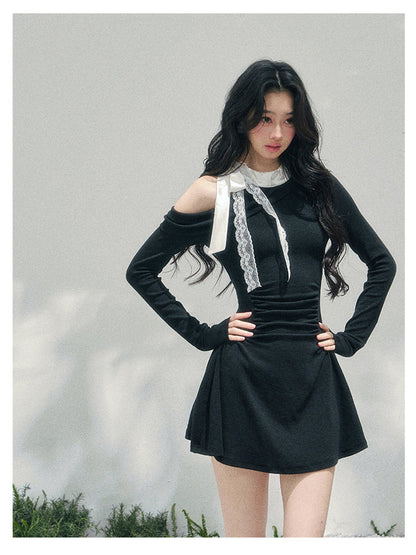 少也眼 “Lingering Warmth Entwined” Layered French Lace One-Shoulder Mini Dress - Serene Black 5435553