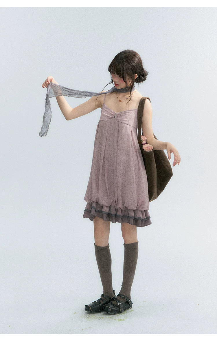 "Misty Lavender Reverie" Vintage Floral Lace Trim Midi Slip Dress