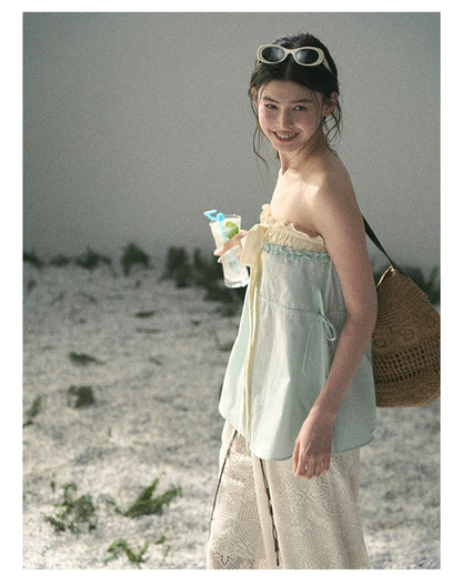 “Blue Whispers on Ivory” Mint Ruffle Bustier Top