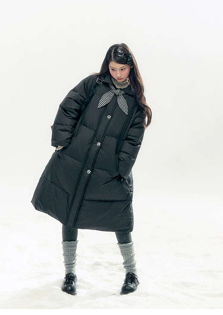 "Starry Night Little Witch" Black Long Down Coat with Detachable Bunny Bow Collar