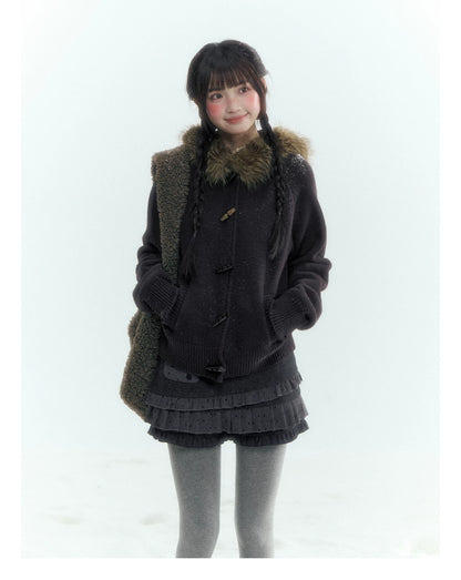 Horridale - Dark Coffee Brown Hooded Knit Cardigan with Detachable Faux Fur Collar