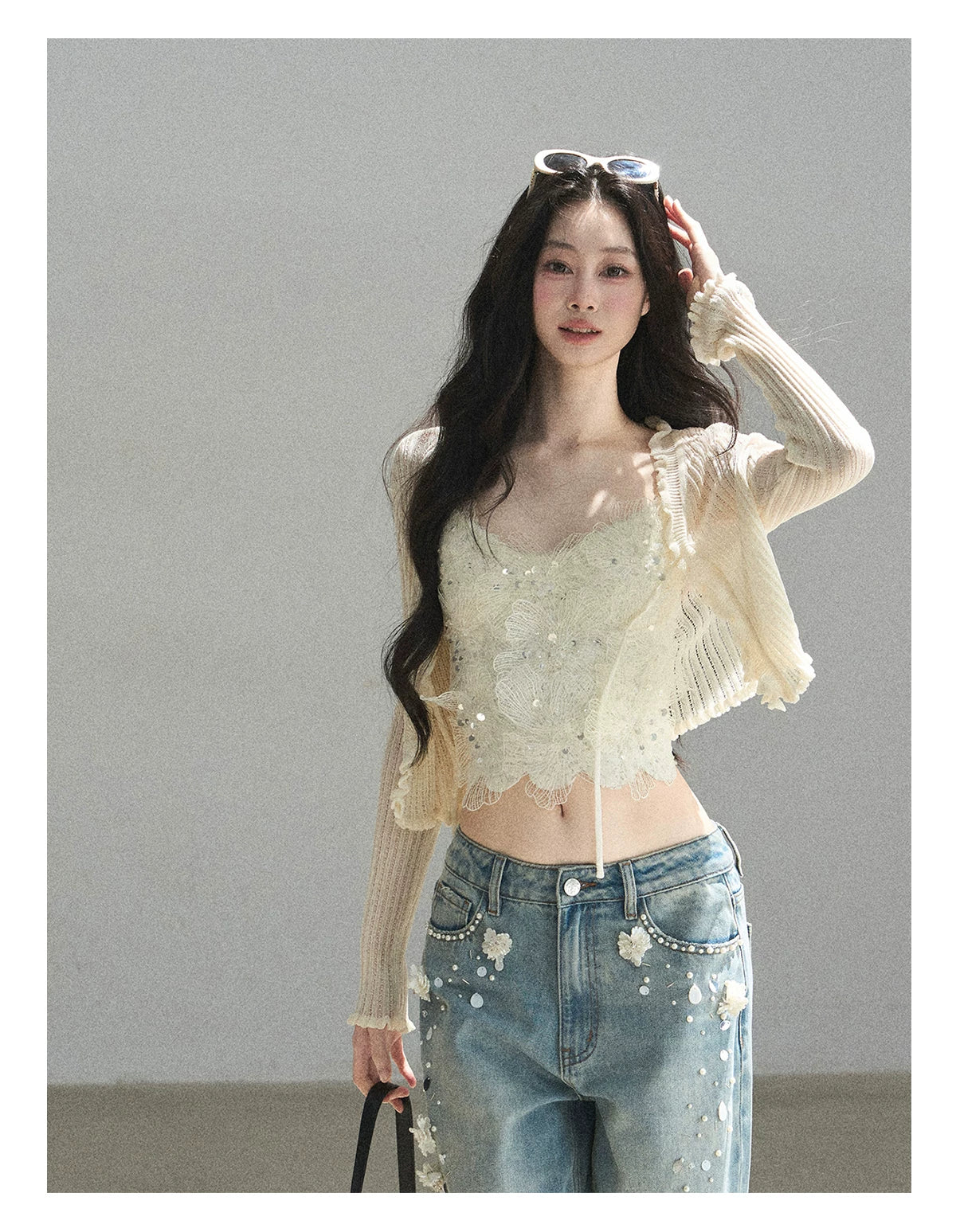 "Waiting for the Breeze" Apricot Lace Knit Cardigan & Cami Set