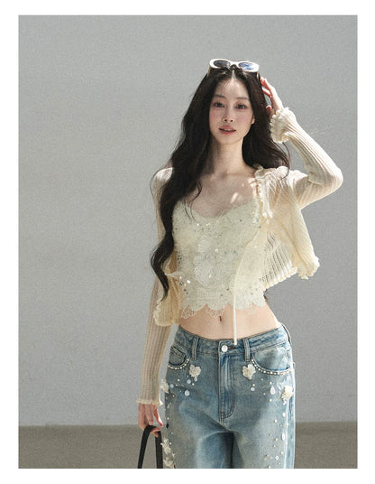"Waiting for the Breeze" Apricot Lace Knit Cardigan & Cami Set