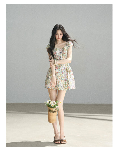 "Bloom in Full Glory" Dutch Cream Floral Puff Mini Dress