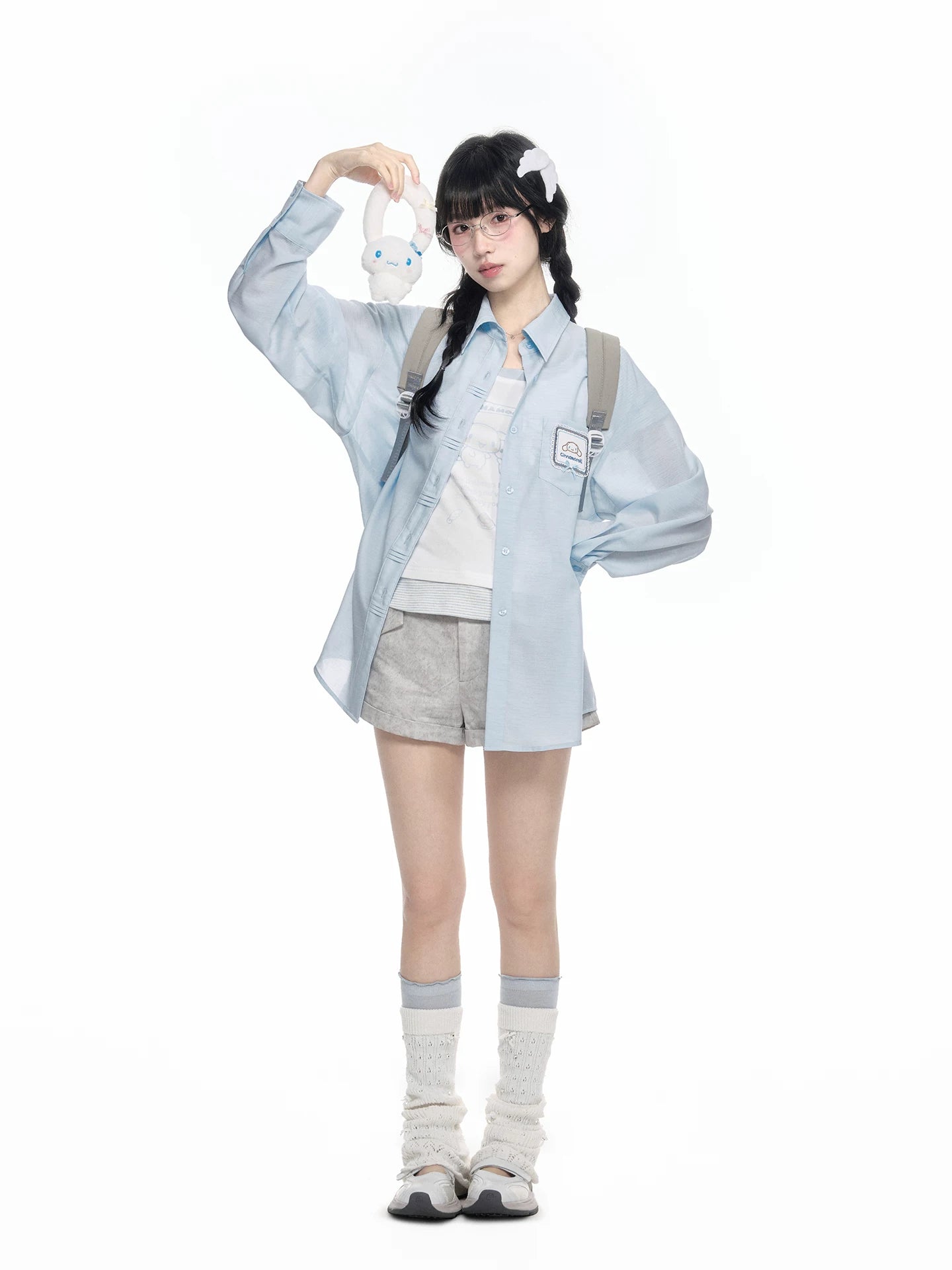 170726K "Campus Icons" Gray Purple Relaxed Polo Overshirt (Kuromi / My Melody / Cinnamoroll)