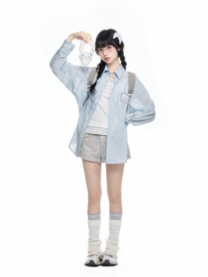 170726K "Campus Icons" Gray Purple Relaxed Polo Overshirt (Kuromi / My Melody / Cinnamoroll)