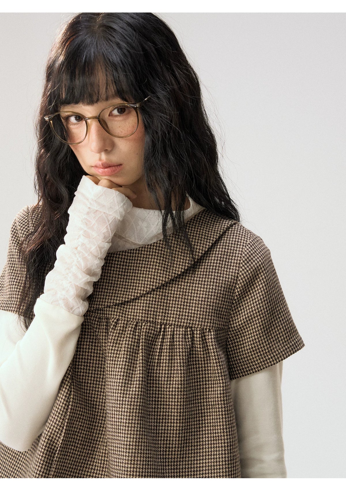 [CAN] “Autumn Plaid Letter” Brown Houndstooth Asymmetric Collar Top