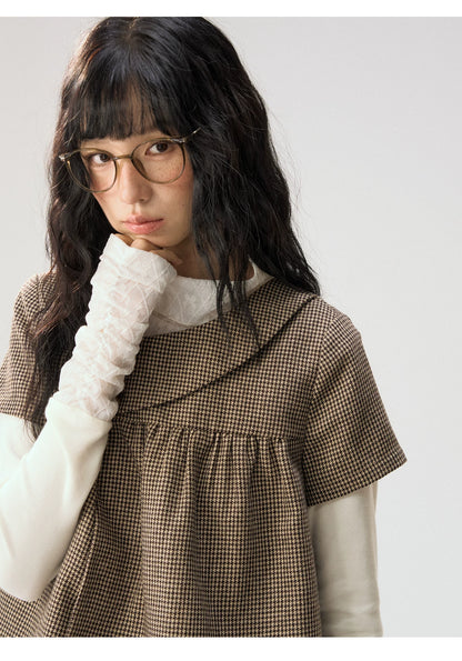[CAN] “Autumn Plaid Letter” Brown Houndstooth Asymmetric Collar Top