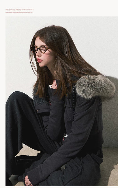 OAKMOO/ "Energy & Freedom" Mocha Gray Fur-Collar Cropped Hoodie Jacket