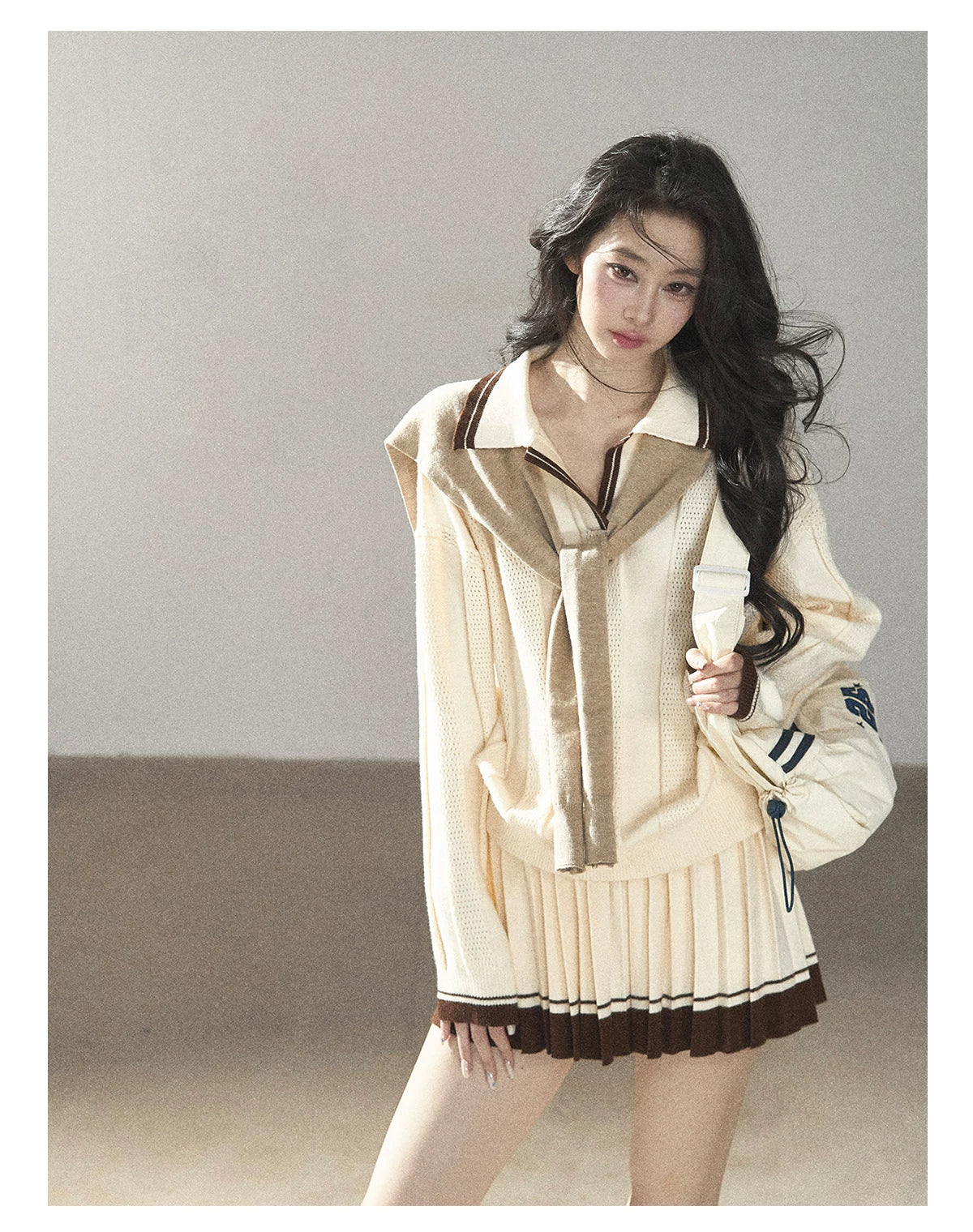 AOMALM - Dutch Cheese Knit Top & Pleated Mini Skirt Set with Khaki Shawl