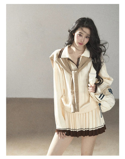 AOMALM - Dutch Cheese Knit Top & Pleated Mini Skirt Set with Khaki Shawl