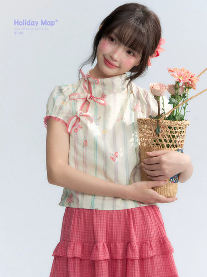 "Peach Blossom" Beige Floral Print Mandarin Collar Blouse