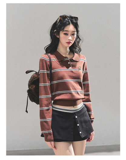 少也眼 “Between Illusion and Reality” Knit Polo Top - Mocha Brown 98465165