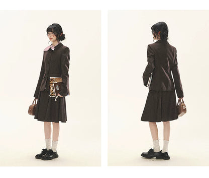"Academy Memoir" Chocolate Brown Stripe Blazer & Pleated Skirt Set