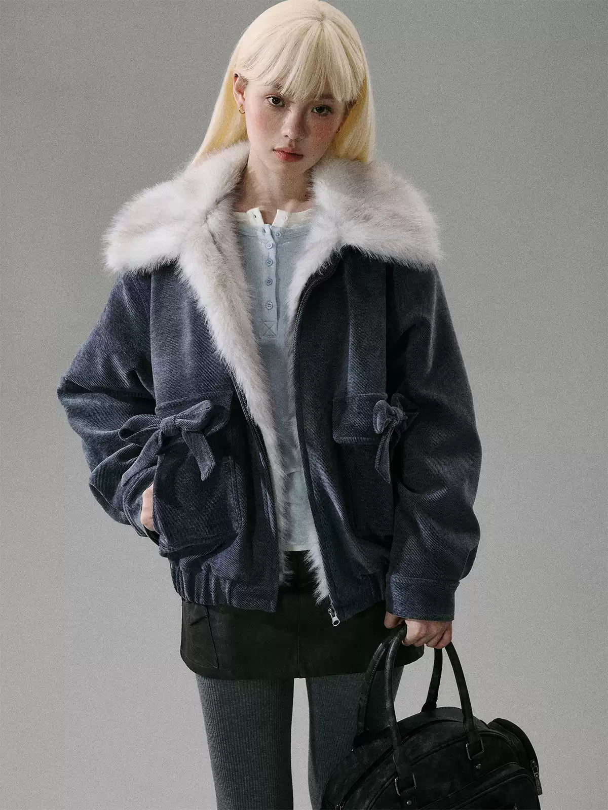 “Mist Lily Glow” Chenille Long-Fur Old Money Jacket - Gray-Blue 8002