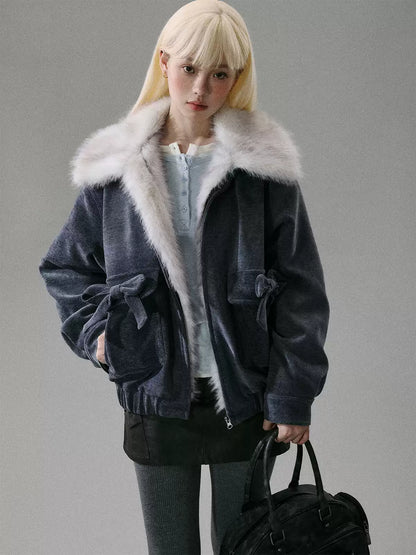 “Mist Lily Glow” Chenille Long-Fur Old Money Jacket - Gray-Blue 8002