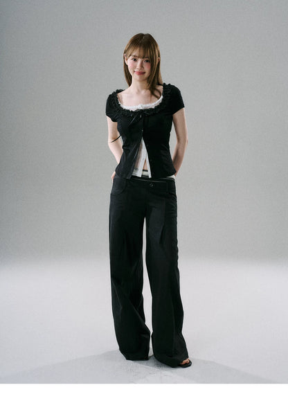 LOST FOREST - Faux-Layered Lace Short-Sleeve Top (Gray White / Black White)