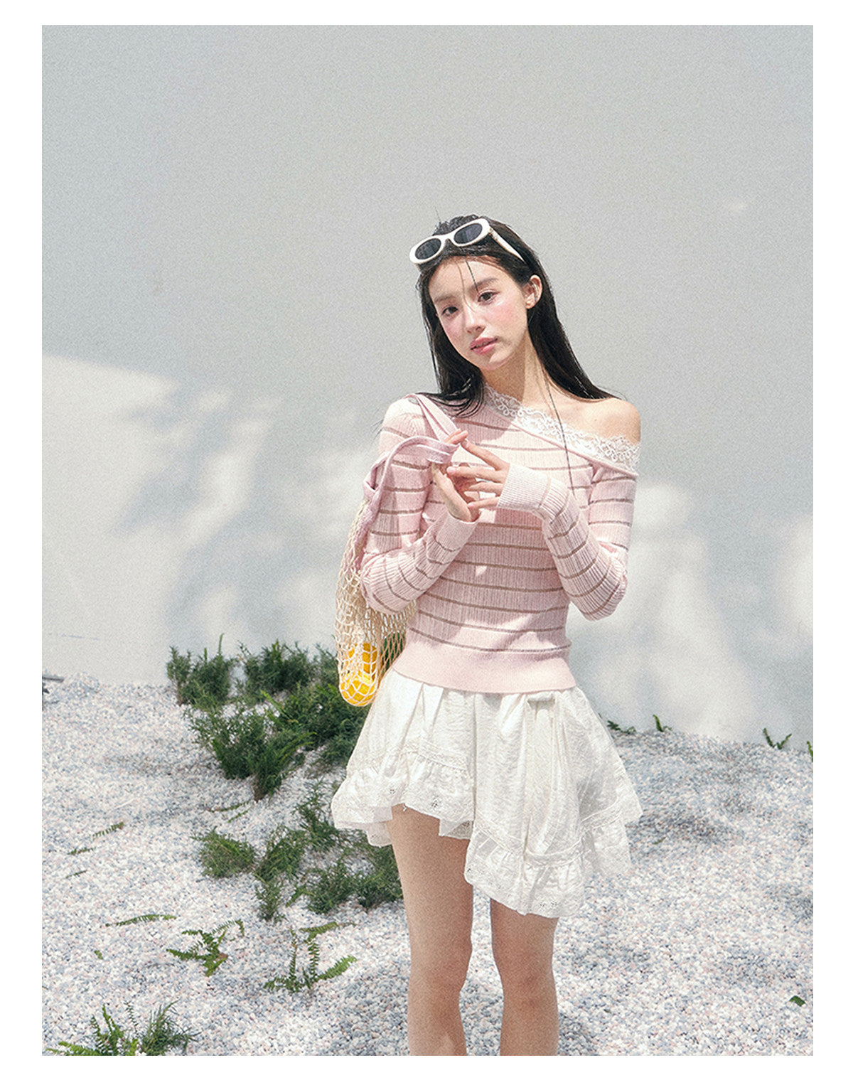 少也眼 “A Gentle Glance” One-Shoulder Lace Knit Long-Sleeve Top - Soft Pink 43552