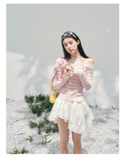 少也眼 “A Gentle Glance” One-Shoulder Lace Knit Long-Sleeve Top - Soft Pink 43552