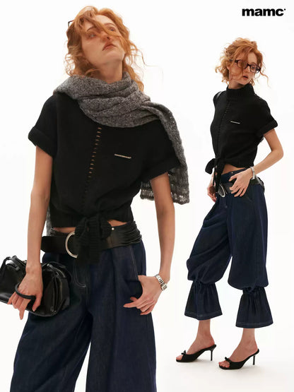 MAMC - Soft Wool-Blend Tie-Waist Cutout Knit Sweater (Red / Black)