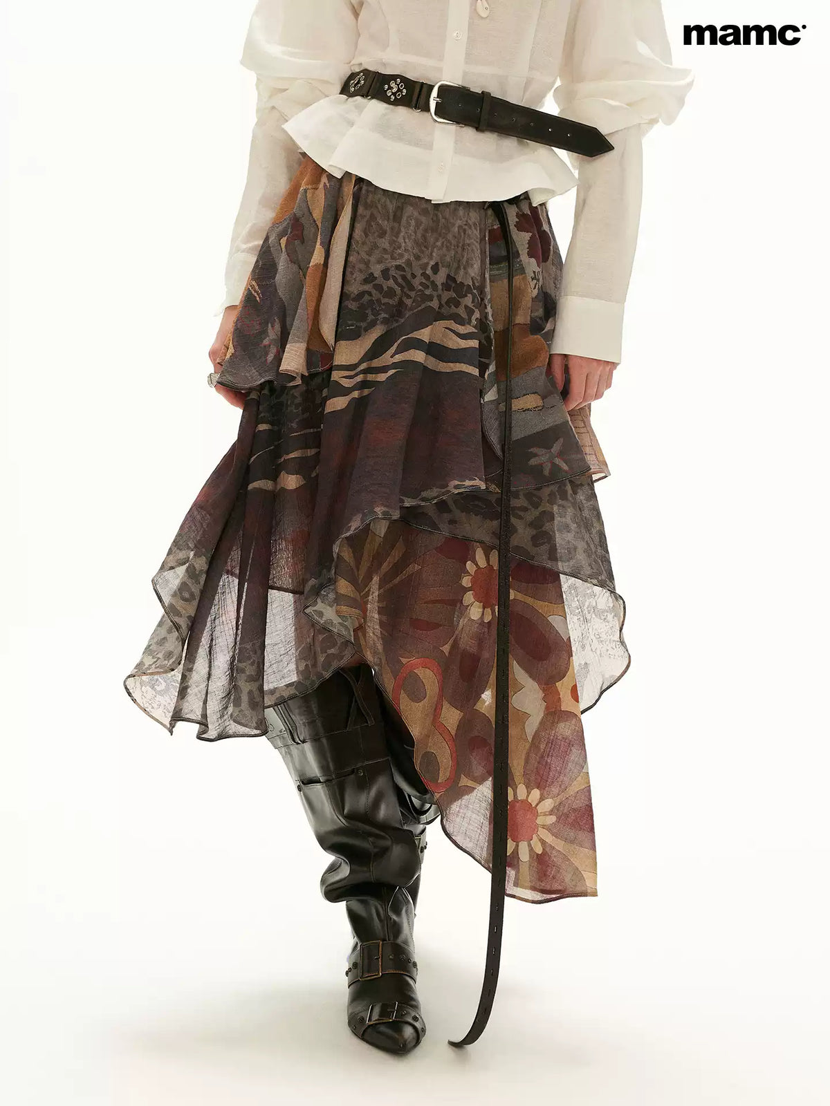 MAMC - Brown Y2K Layered Floral Ruffle Midi Skirt