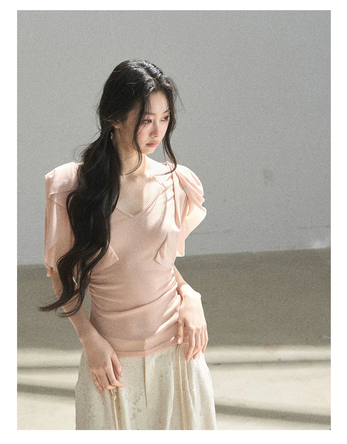 "Where Clouds Fall" Ruffle Sleeve V-Neck Crop Top (Forest Green/ Sage Gray/ Misty Blue/ Cinnamon Pink)