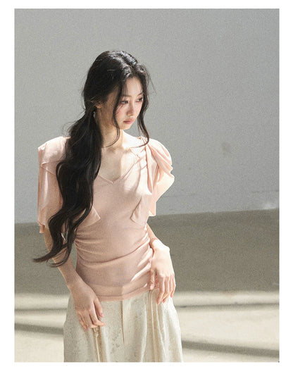 "Where Clouds Fall" Ruffle Sleeve V-Neck Crop Top (Forest Green/ Sage Gray/ Misty Blue/ Cinnamon Pink)