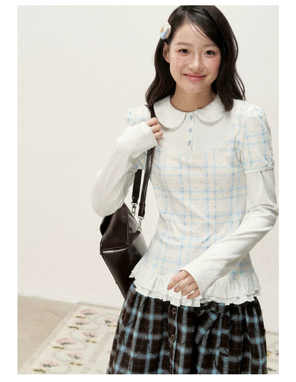 [RF] Star Blue Faux Two-Piece Lace-Trim Blouse with Peter Pan Collar