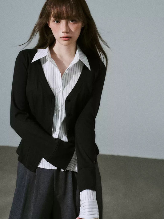LOST FOREST - Black & White Stripe Layered Knit Top