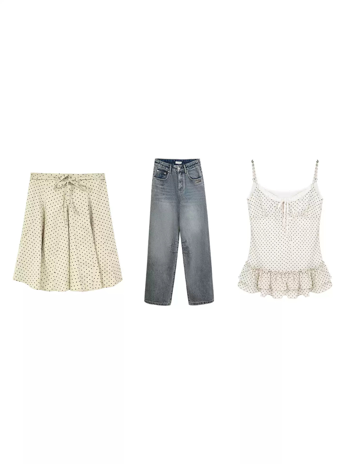 "Forest Vintage" Polka Dot Layered Collection (Mint Knit Cardigan / Oat Cami / Polka Dot Skirt / Denim Jeans)