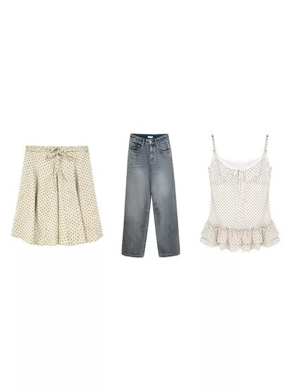 "Forest Vintage" Polka Dot Layered Collection (Mint Knit Cardigan / Oat Cami / Polka Dot Skirt / Denim Jeans)