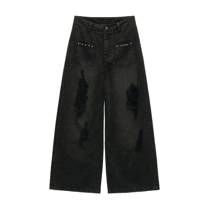 "Street Rebel Mood" Distressed Black Straight-Leg Jeans WE932