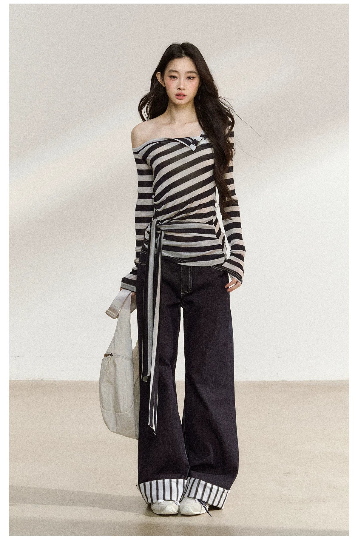 JN's DESIGN - Asymmetrical Striped Long-Sleeve Top with Tie Detail
