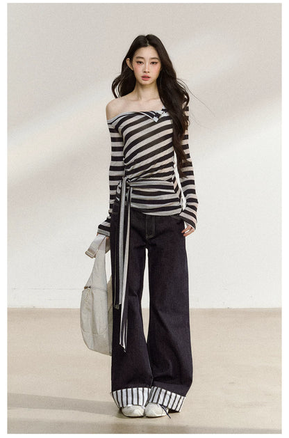 JN's DESIGN - Asymmetrical Striped Long-Sleeve Top with Tie Detail