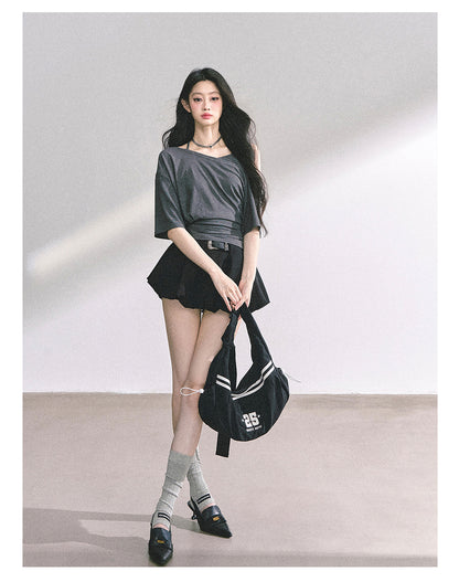 少也眼 “Smart Relax” Asymmetric Halter Short Tee - Gray