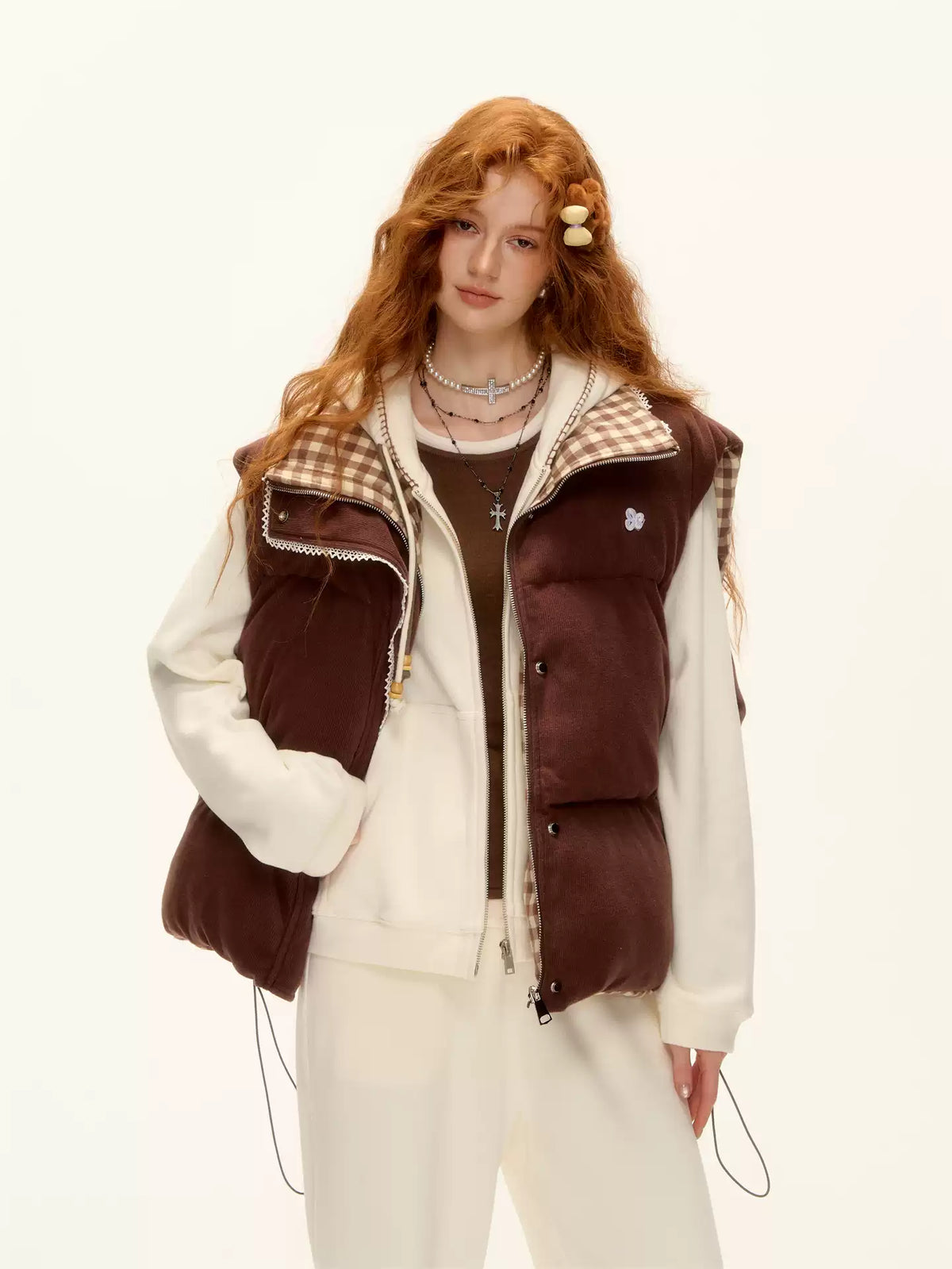 ASGONY - Reversible Plaid Lace-Trim Quilted Vest (Brown / Gray)