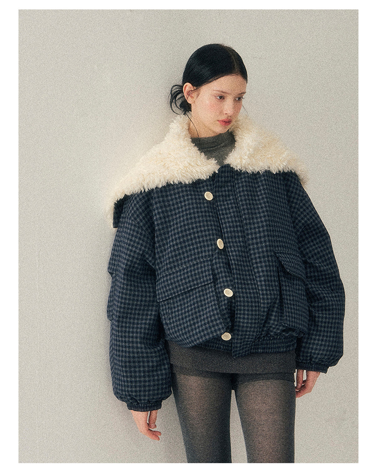 少也眼 “Silent Indigo” Academy Blue Quilted Wool-Collar Jacket
