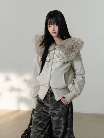 Soote Season - Oat Gray Studded Faux Fur Hoodie Jacket with Fur Collar