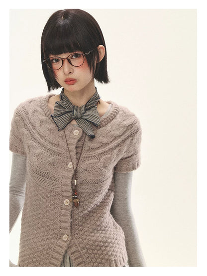 "Rice Knit" Wool-Blend Short Sleeve Knit Cardigan (Moss Coffee Green/ Dusk Dusty Pink)