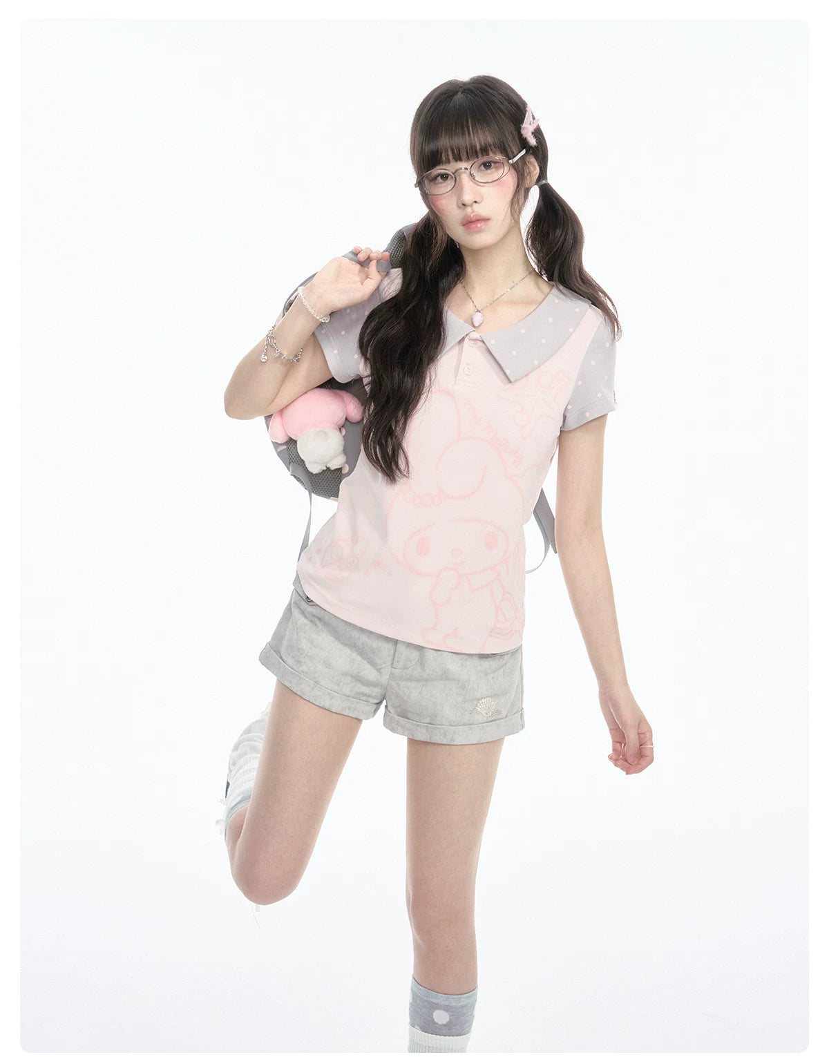 "Sweet Polka Day" Blush Pink Tee & Glacier Gray Shorts Set