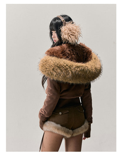 少也眼 "Warm Wilderness" Faux Fur Hooded Knit Jacket