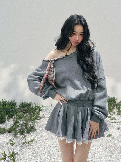 “The Wind Blushes” Lace Trim Off-Shoulder Sweatshirt Dress