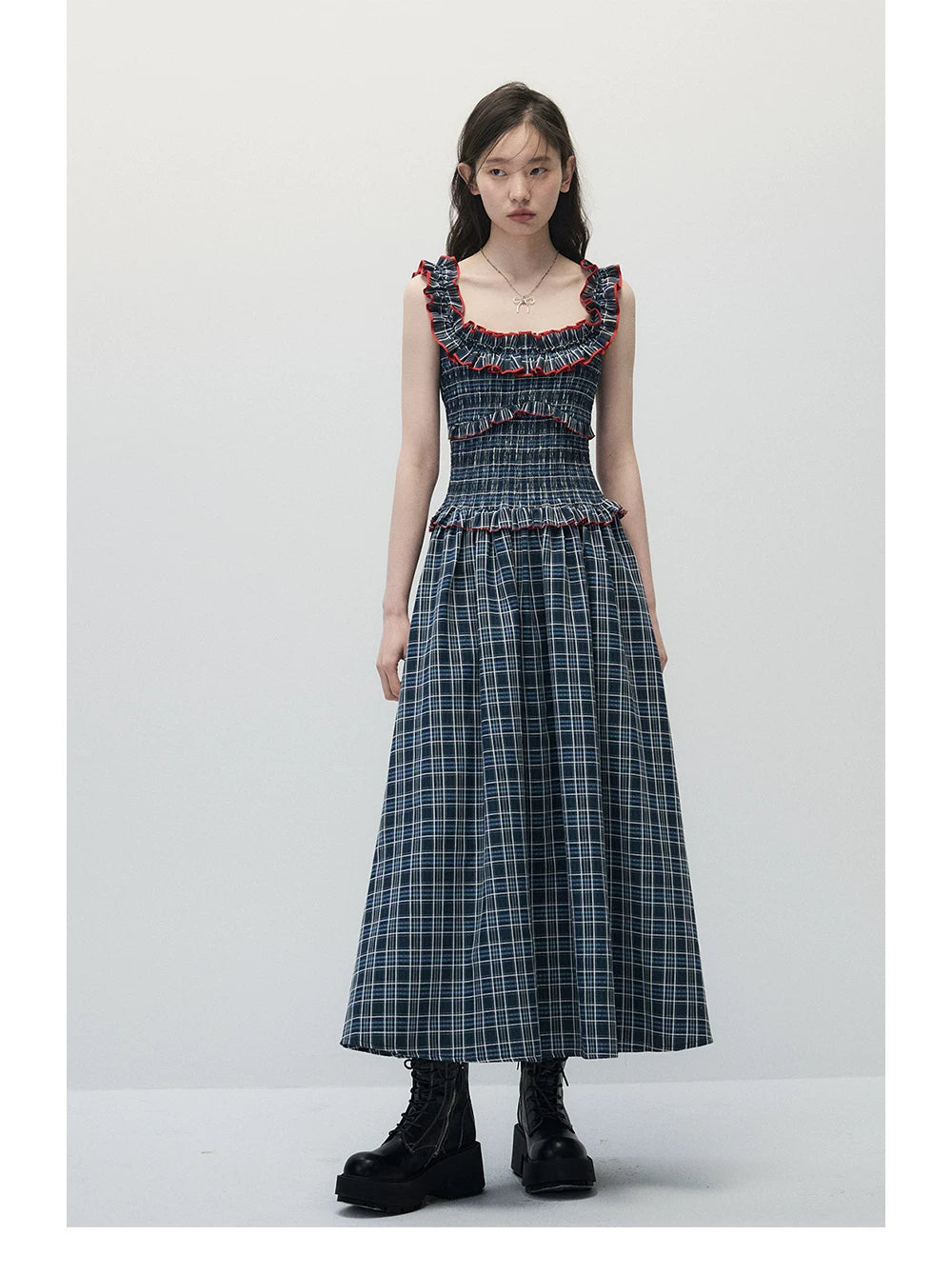 Navy Blue Plaid Off-Shoulder Maxi Dress with Red Contrast Trim