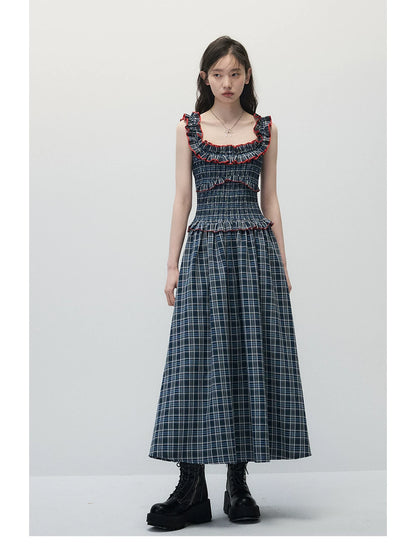 Navy Blue Plaid Off-Shoulder Maxi Dress with Red Contrast Trim
